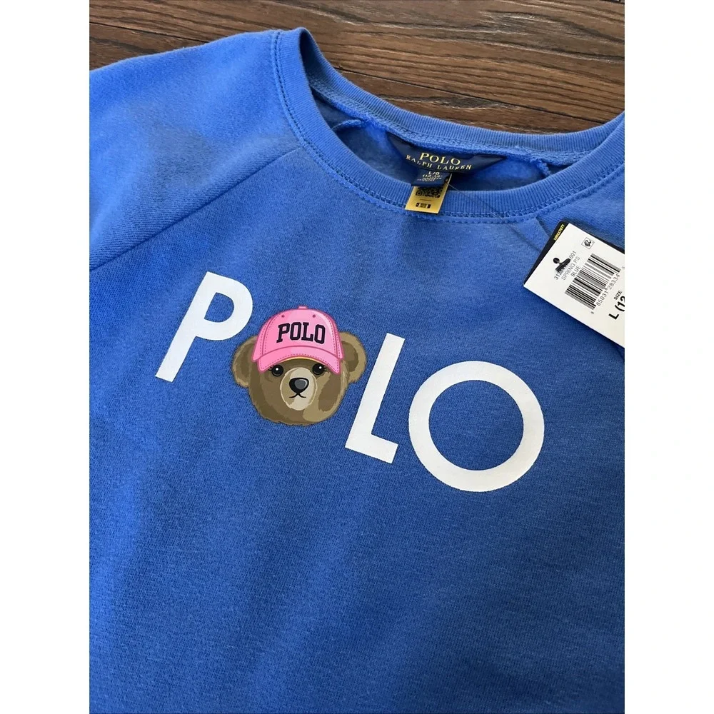 Ralph Lauren POLO BEAR Logo Fleece Long Sleeve Sweater Dress Girl L 12/14 Ruffle